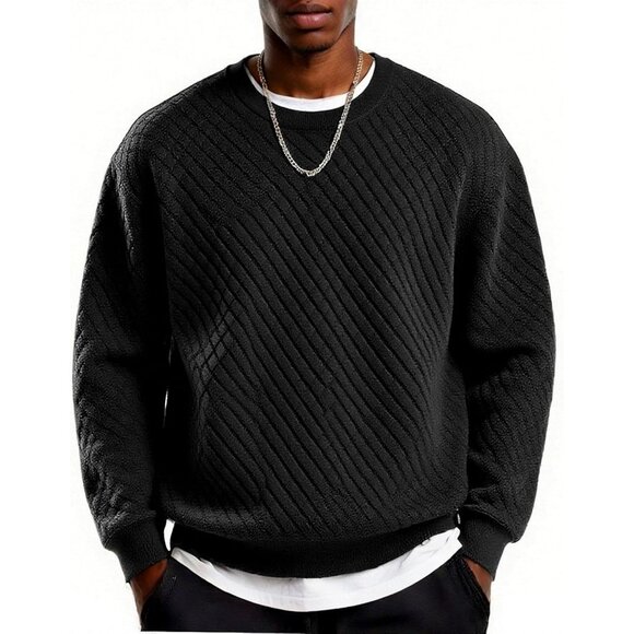 Coofandy Men Black Crewneck Geometric Texture Long Sleeve Sweatshirt - Picture 1 of 5
